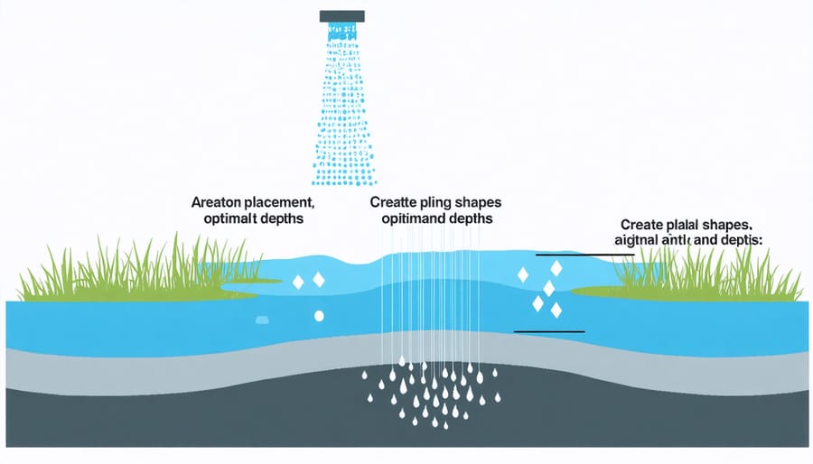 Technical illustration of recommended aerator positions in various koi pond layouts