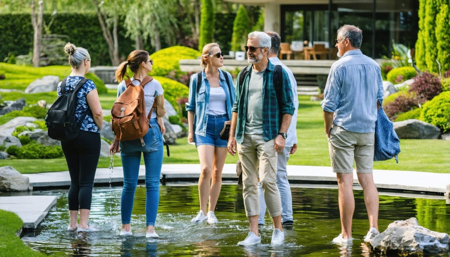Water garden enthusiasts examining water features and discussing design during KC Water Garden Society tour