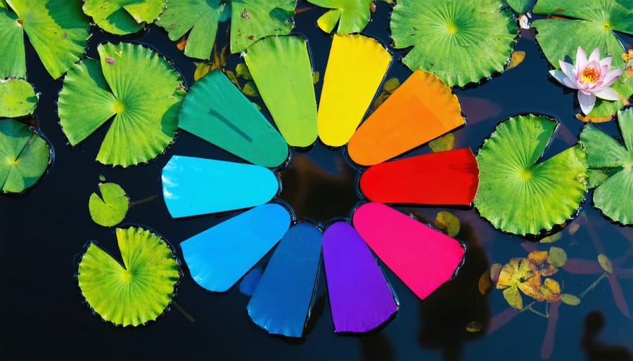 Artistic arrangement of water lilies and lotus flowers showing complementary color combinations