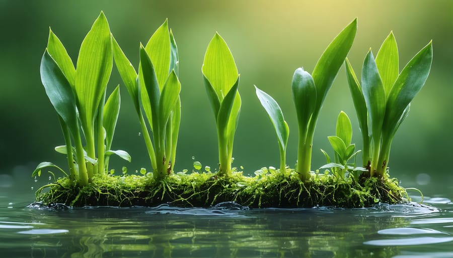 Detailed view of aquatic plants' root systems actively filtering water in treatment pools
