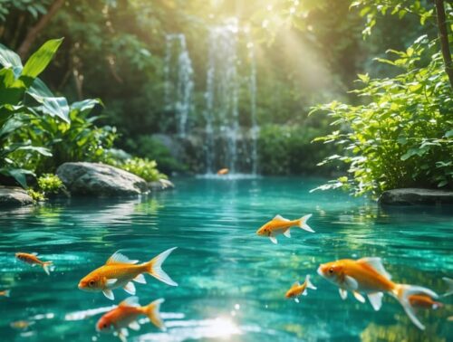 A tranquil pond with clear water, vibrant plant life, and colorful fish, surrounded by limestone rocks, representing the balance of alkalinity in an aquatic ecosystem.