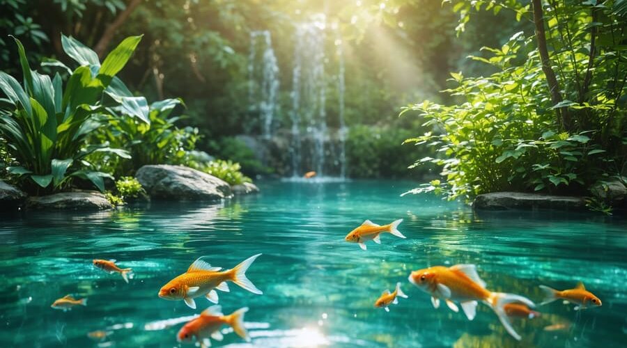 A tranquil pond with clear water, vibrant plant life, and colorful fish, surrounded by limestone rocks, representing the balance of alkalinity in an aquatic ecosystem.