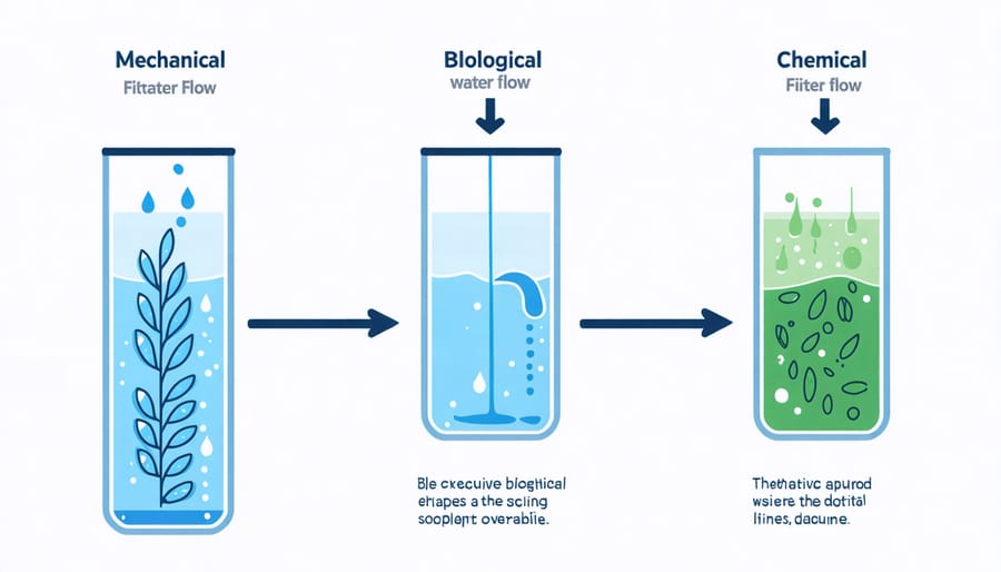 Infographic illustrating mechanical, biological, and chemical filtration stages in a pond filter system