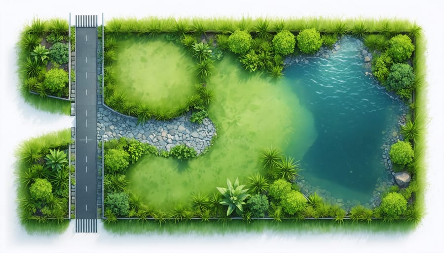 Overhead view of a BMP stormwater management pond with labeled structural elements