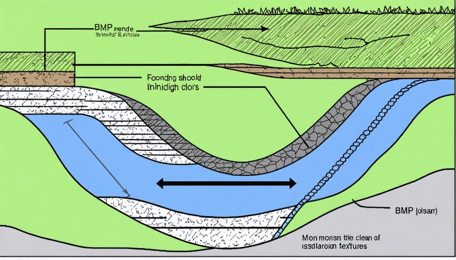 Cross-section illustration of BMP pond construction layers including liner, drainage, and filtering systems
