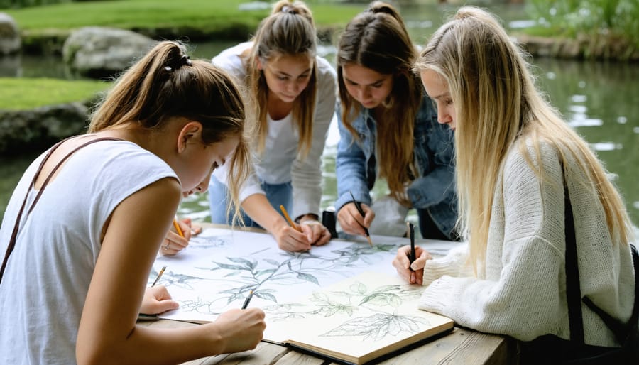 Group of learners practicing botanical illustration techniques near a pond