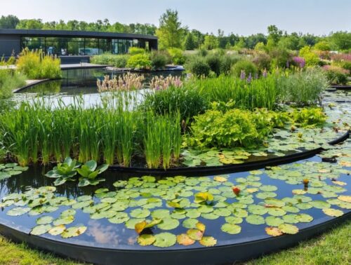 Panoramic view of the Jardine Water Purification Plant's water garden, featuring a diverse array of aquatic plants like cattails and water lilies, set within treatment pools that demonstrate natural water filtration processes.