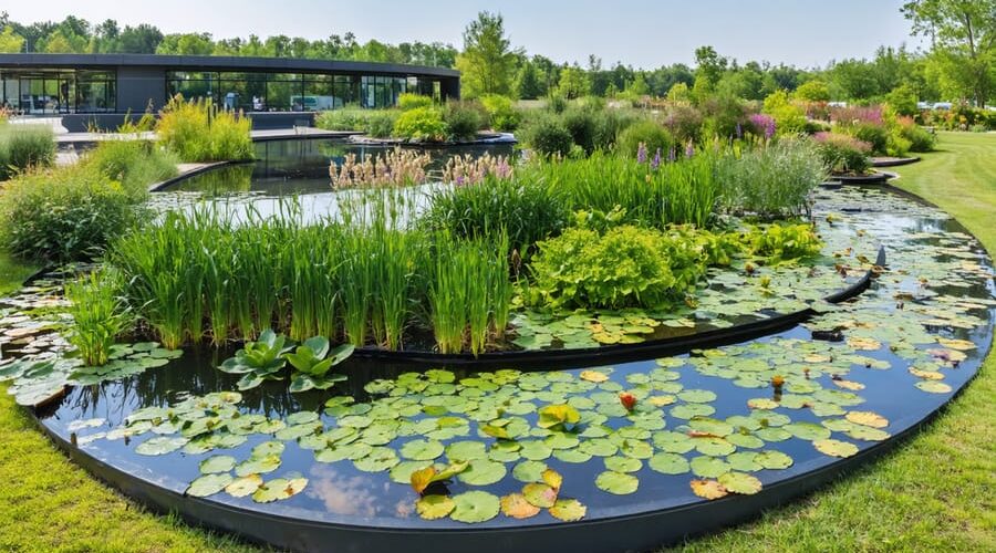 Panoramic view of the Jardine Water Purification Plant's water garden, featuring a diverse array of aquatic plants like cattails and water lilies, set within treatment pools that demonstrate natural water filtration processes.