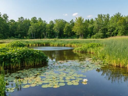 A thriving retention pond with blooming lotus flowers, surrounded by native sedges and cattails creating a natural barrier against erosion and flood damage.