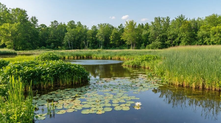A thriving retention pond with blooming lotus flowers, surrounded by native sedges and cattails creating a natural barrier against erosion and flood damage.