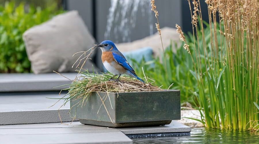 An Eastern Bluebird holding natural nesting materials like pine needles and dried grass, set against a coastal background with native plantings and a water feature.