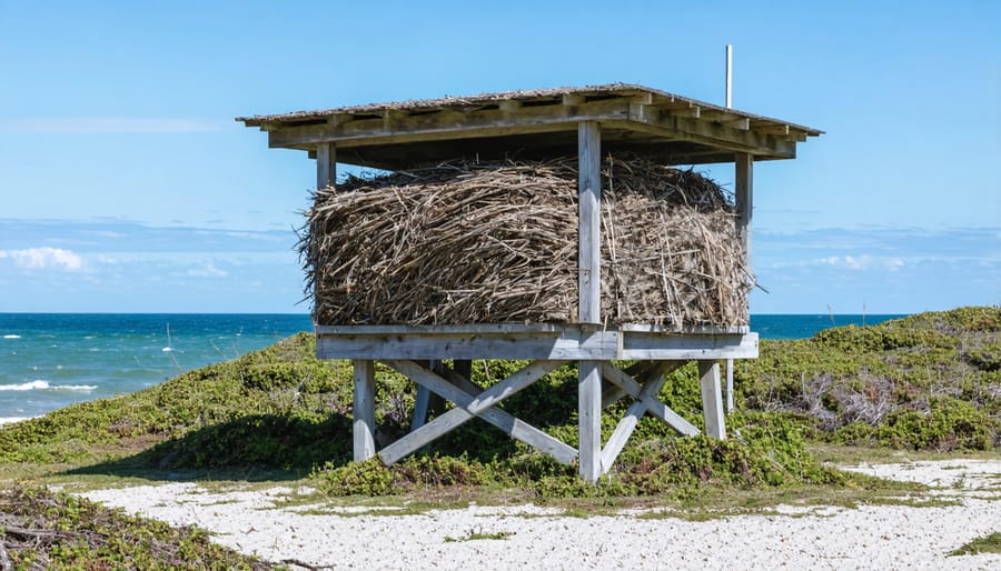 Covered nesting material station showing proper placement near trees with weather protection