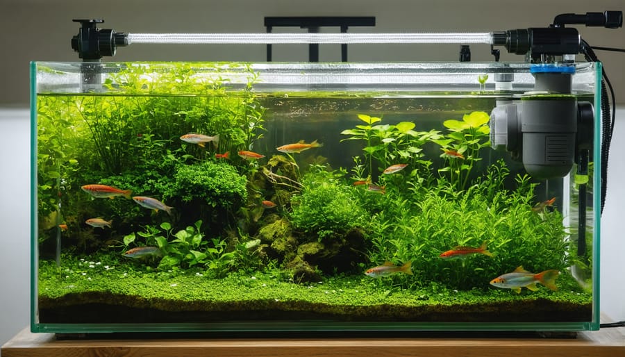 Complete fish breeding tub setup showing essential equipment and vegetation