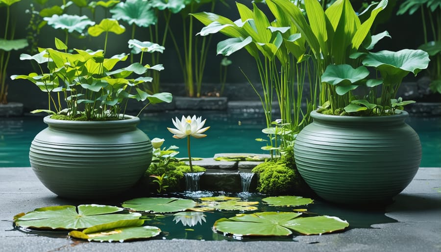 Flourishing container water garden with blooming water lilies and decorative elements
