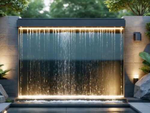 Contemporary waterfall wall with glass panels and metal elements, illuminated by LED lights, showcasing cascading water in a stylish backyard setting.