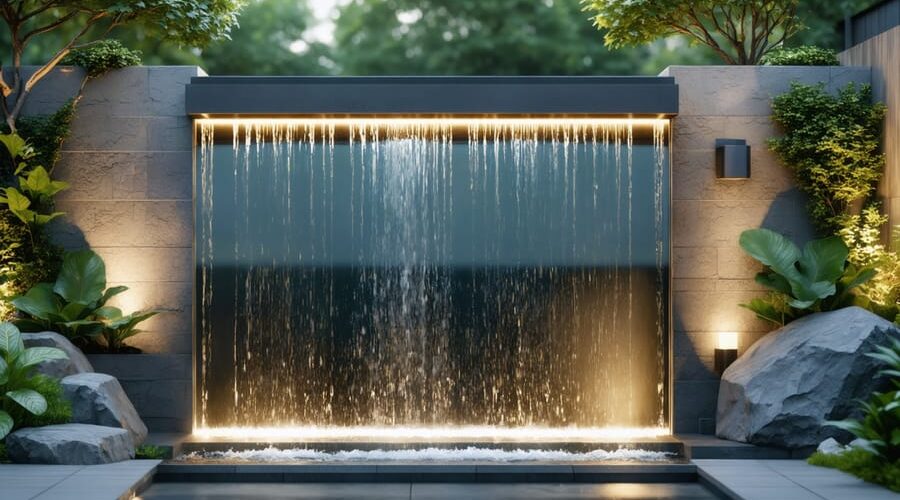 Contemporary waterfall wall with glass panels and metal elements, illuminated by LED lights, showcasing cascading water in a stylish backyard setting.