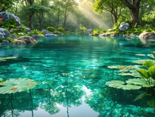 A beautifully clear pond set amidst verdant foliage, showcasing a biological filtration system subtly integrated into the environment, symbolizing the harmonious work of beneficial bacteria.