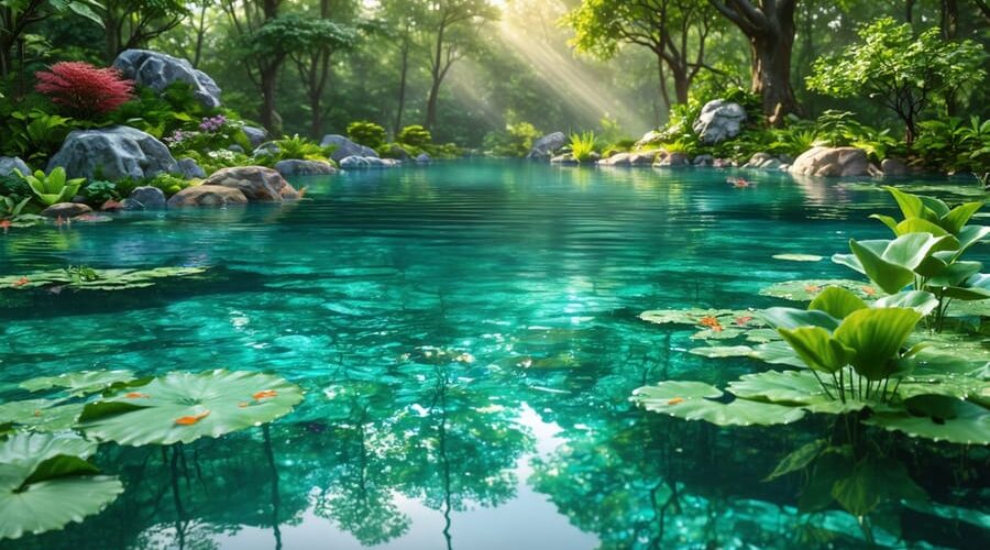 A beautifully clear pond set amidst verdant foliage, showcasing a biological filtration system subtly integrated into the environment, symbolizing the harmonious work of beneficial bacteria.