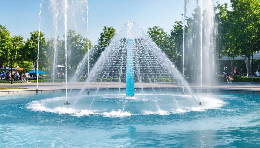 Dynamic water fountain display with multiple water jets shooting in synchronized patterns