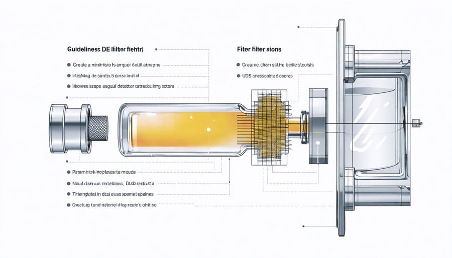 Detailed diagram showing the internal components of a diatomaceous earth filter including grids, manifold, and housing