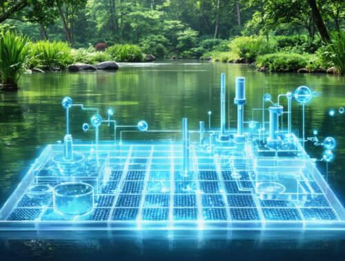 Visual representation of a serene pond with a transparent overlay of a DE filter system, highlighting its components and illustrating the concept of crystal-clear water through efficient filtration.