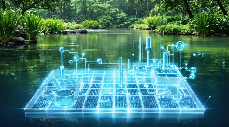 Visual representation of a serene pond with a transparent overlay of a DE filter system, highlighting its components and illustrating the concept of crystal-clear water through efficient filtration.