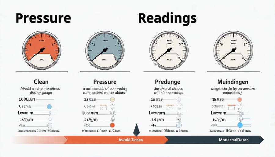 Visual comparison of normal vs problematic pressure gauge readings on a DE filter