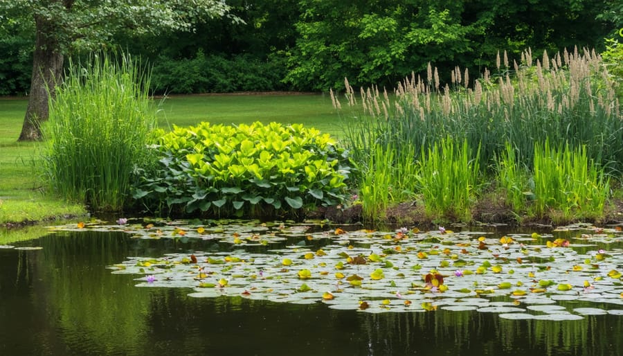 Natural pond edge with multiple species of marginal plants in bloom