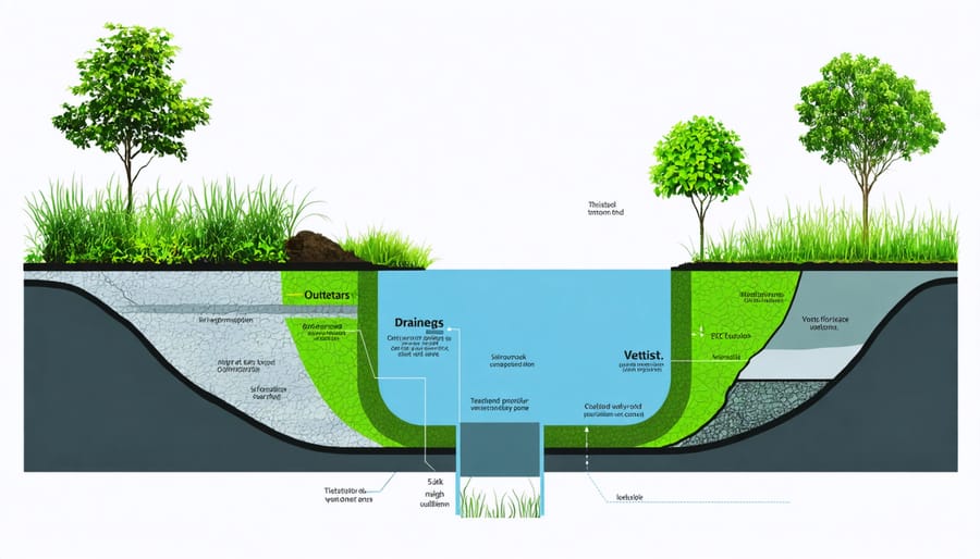 Labeled diagram of drainage pond structure showing inlet pipes, outlet structures, and different vegetation zones