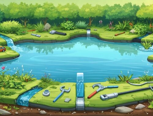 Conceptual illustration of a well-maintained drainage pond, featuring diverse vegetation zones, marked inlet and outlet structures, and symbols of maintenance such as tools and testing kits; illustrating the balance between nature and regular upkeep.