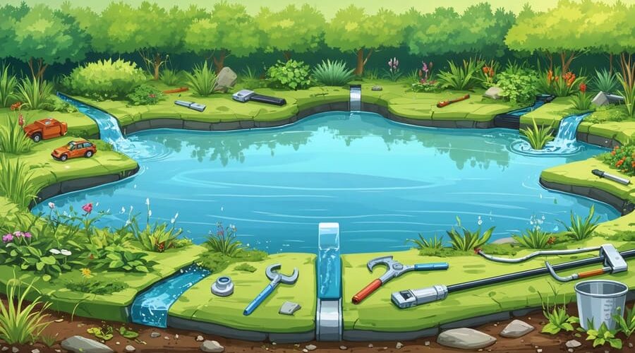 Conceptual illustration of a well-maintained drainage pond, featuring diverse vegetation zones, marked inlet and outlet structures, and symbols of maintenance such as tools and testing kits; illustrating the balance between nature and regular upkeep.