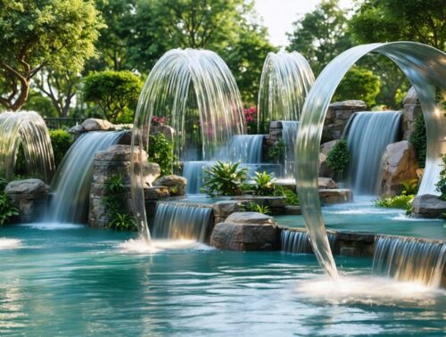 A stunning outdoor garden with various kinetic water features, including spinning water wheels and cascading waterfalls, surrounded by lush greenery and enhanced by ambient lighting for a serene atmosphere.