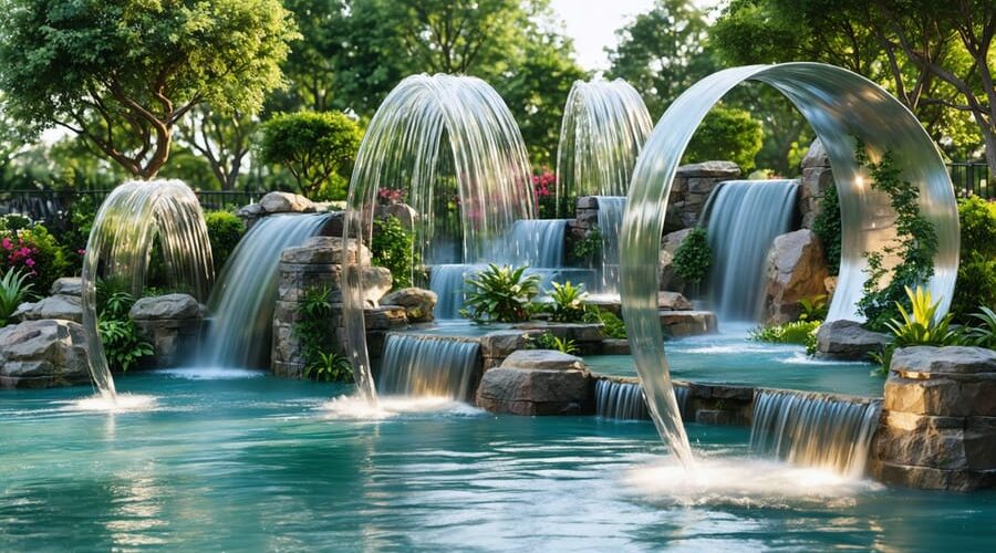 A stunning outdoor garden with various kinetic water features, including spinning water wheels and cascading waterfalls, surrounded by lush greenery and enhanced by ambient lighting for a serene atmosphere.