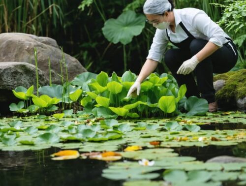 A gardener carefully inspecting pond plant leaves for edema symptoms, displaying small water-soaked blisters on the underside, with a peaceful pond and surrounding plants in the background.