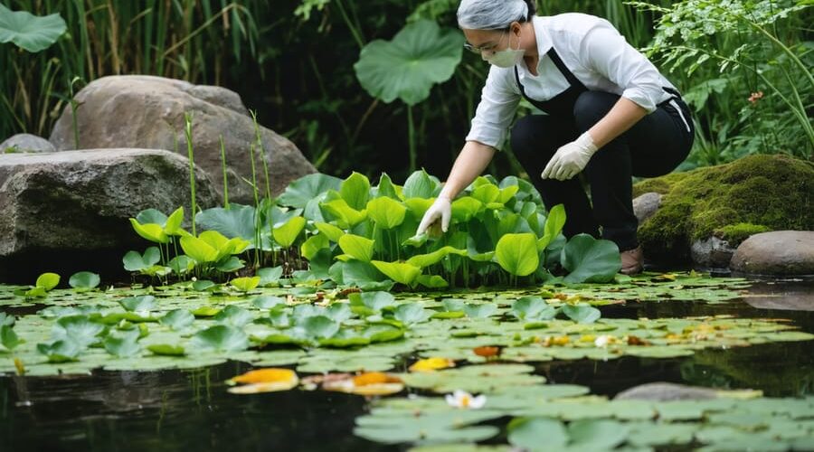 A gardener carefully inspecting pond plant leaves for edema symptoms, displaying small water-soaked blisters on the underside, with a peaceful pond and surrounding plants in the background.