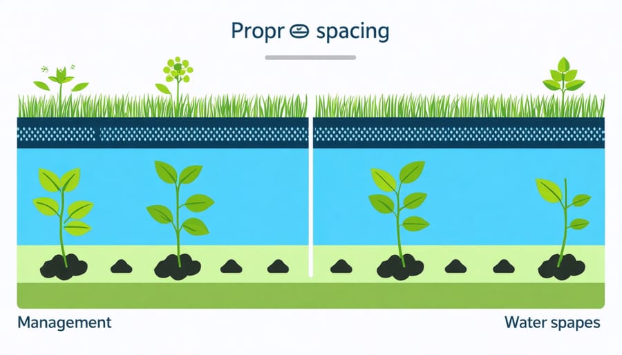 Diagram illustrating correct pond plant spacing and optimal water depth measurements