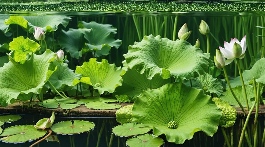 Conceptual illustration of a backyard pond transformed into an edible paradise, showcasing blooming lotus flowers and water chestnuts, with an underwater view of wild rice and lily roots.