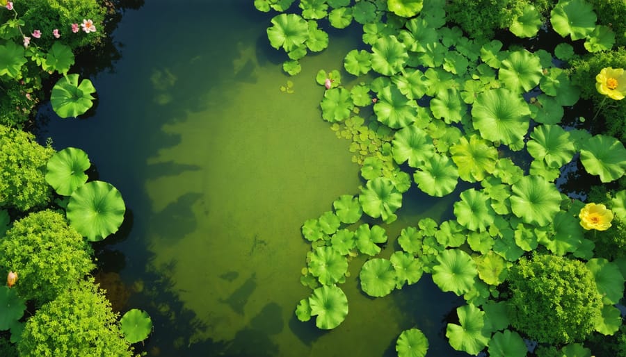 Organized pond garden with distinct zones showing flowering lotus plants and water chestnuts