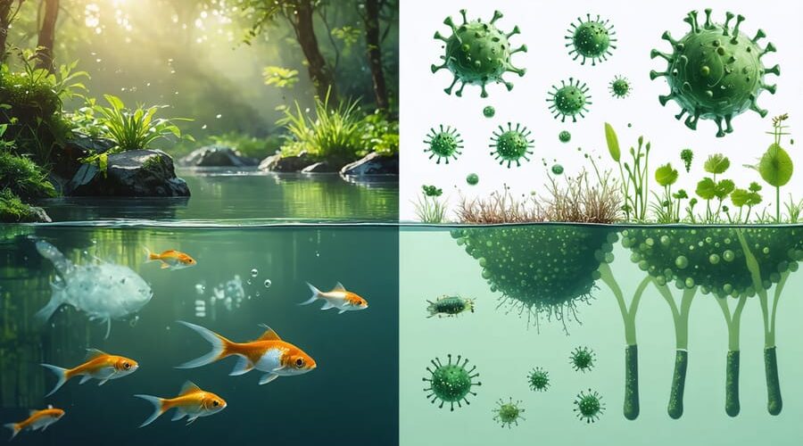 Split image of a serene pond environment contrasted with microscopic views of emerging pathogens affecting aquatic life and plants.