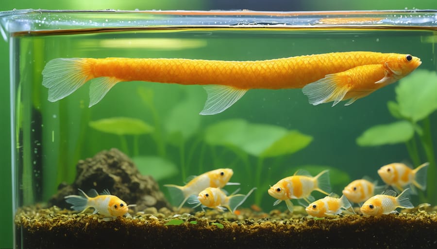 Close-up of baby fish fry swimming in a breeding tub
