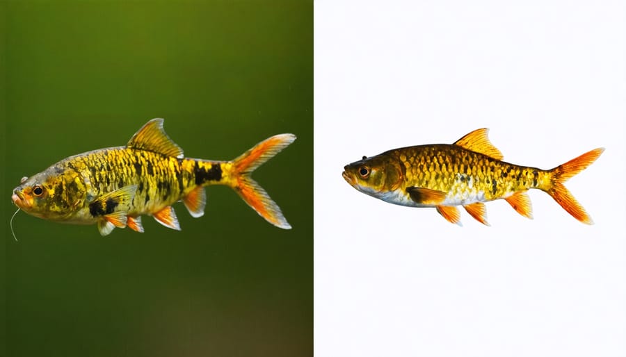 Comparison of healthy and diseased pond fish showing typical pathogen symptoms