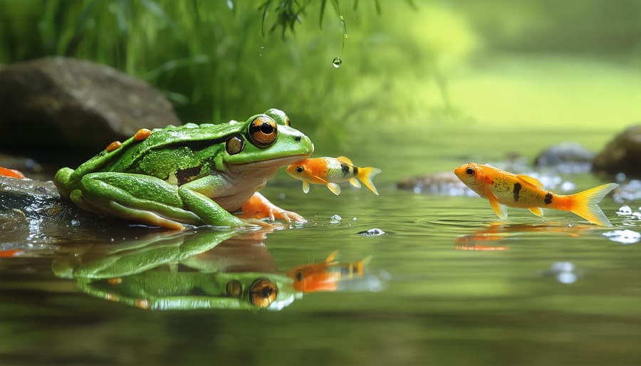 Green frog perched on lily pad with small compatible fish swimming below