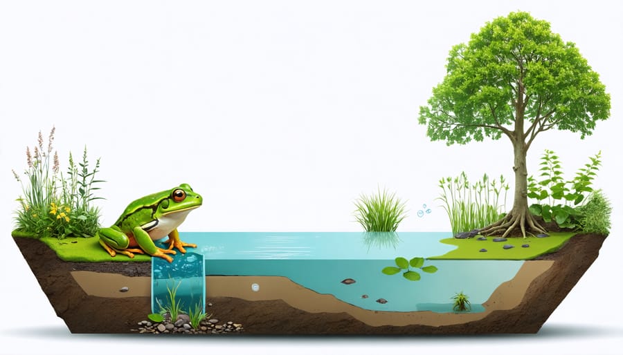 Diagram showing various depth zones of a frog pond with aquatic plants and habitat features