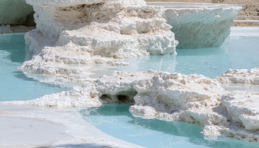 White chalky buildup from hard water on pond rocks and filtration equipment