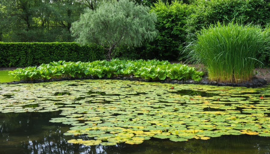 Well-balanced pond with water lilies and other aquatic plants preventing algae growth