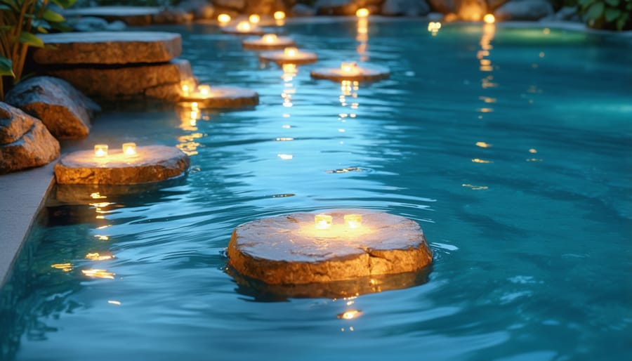 Night view of LED-lit floating steps creating a walkway across water