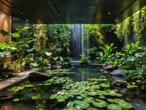 A beautifully designed indoor pond showcasing a diverse arrangement of plants, including tall and trailing varieties, with waterlilies and aquatic plants creating a tranquil and artistic environment.