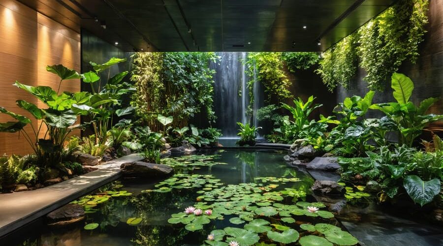 A beautifully designed indoor pond showcasing a diverse arrangement of plants, including tall and trailing varieties, with waterlilies and aquatic plants creating a tranquil and artistic environment.