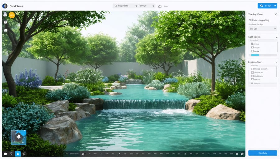 Interactive water garden planning software interface with pond design tools