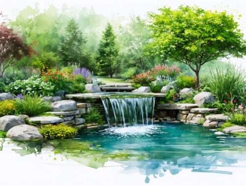 A digital interface displaying an interactive water garden planning tool with features like 2D and 3D visualization, pond and plant design elements, illustrating the ease of virtual garden planning.